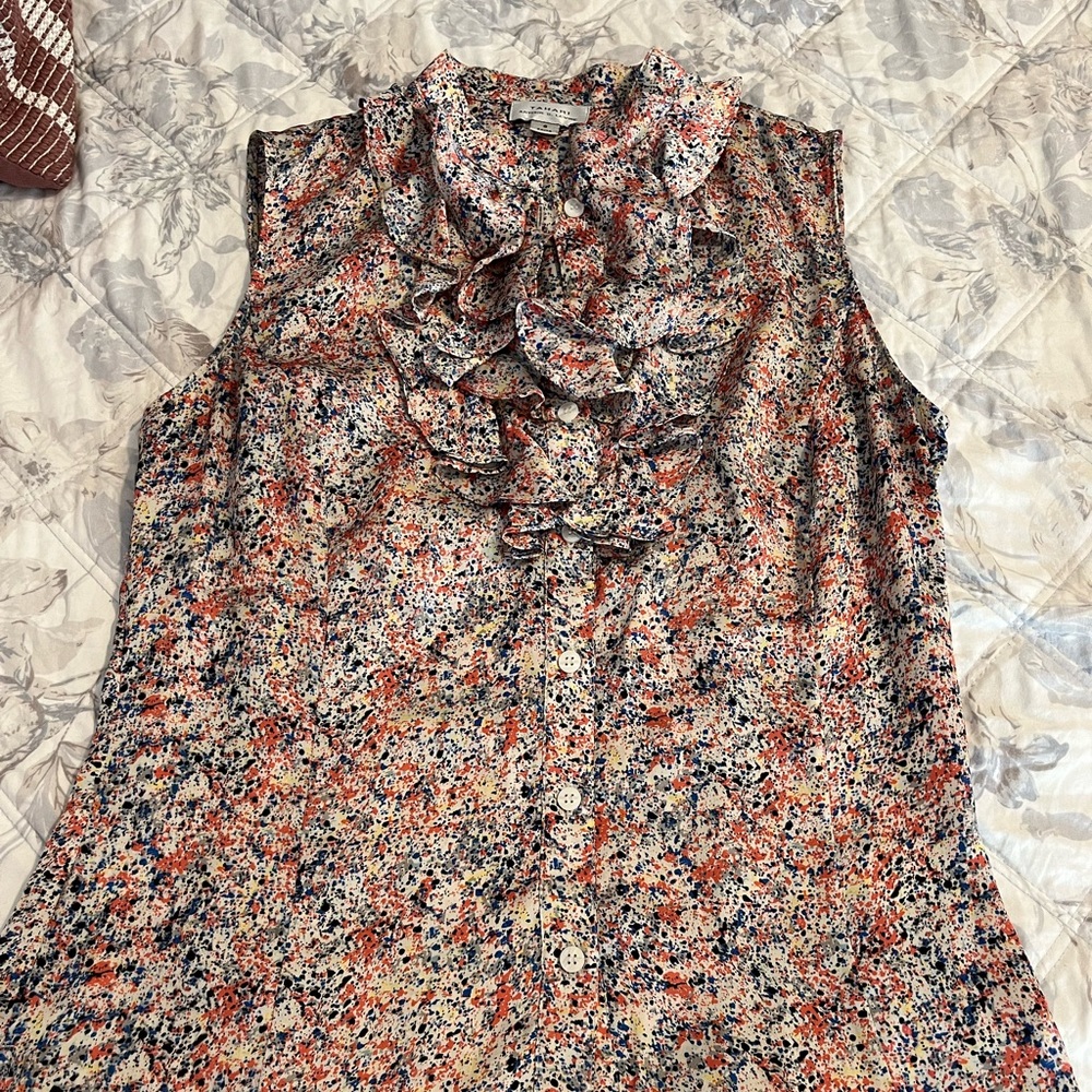 Ruffled colorful Tahari blouse, size small, sleeveless button up